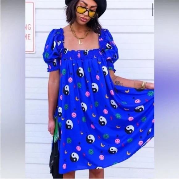 Dressed in LALA Dresses & Skirts - Dressed in LALA Royal Blue Puff-Sleeve Yin Yang & Smiley Mini Dress